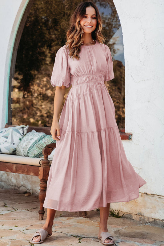 Puff Sleeve High Waist Flowy Midi Dress -2 COLOR OPTIONS