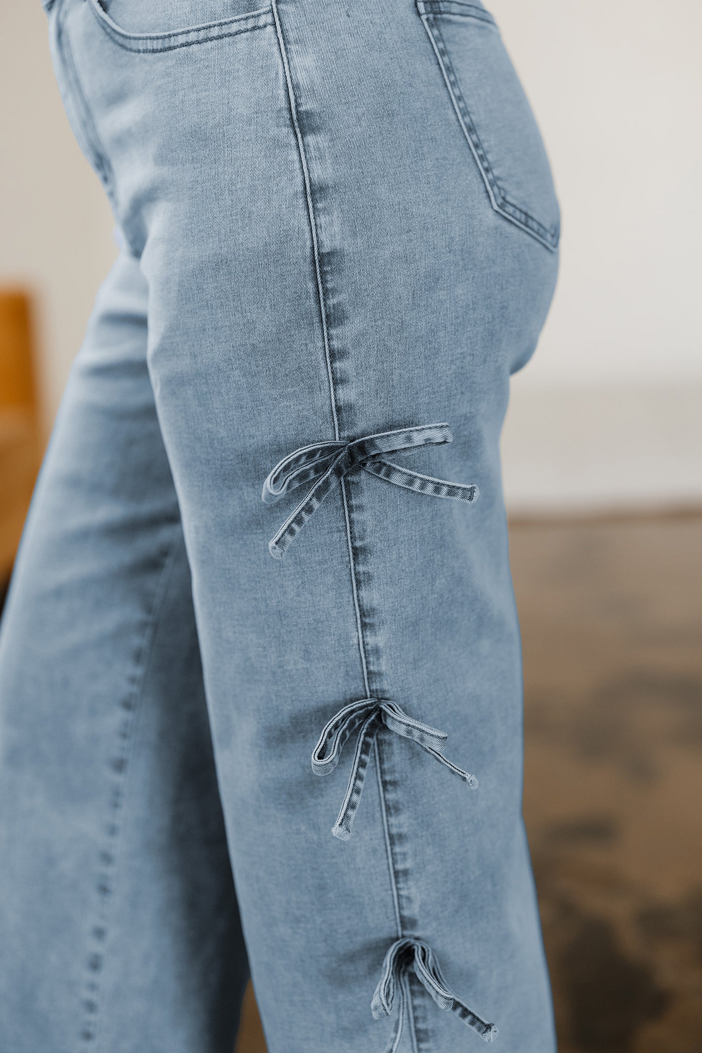 Bowknot Side Detail Straight Leg Loose Jeans -2 COLOR OPTIONS
