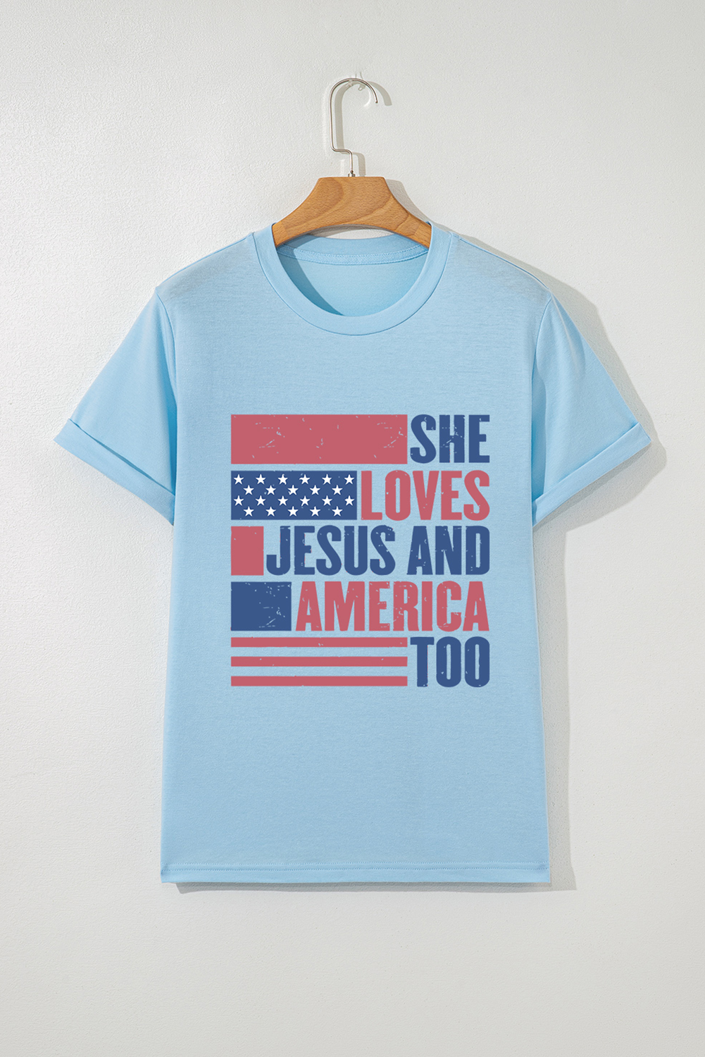 Light Blue SHE LOVES JESUS AND AMERICA TOO Heat Transfer Printing Patriotic T Shirt