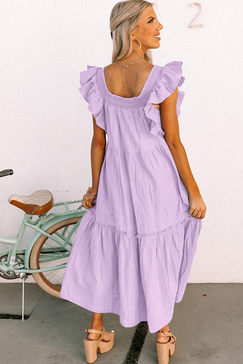 Ruffled Flutter Sleeve Square Neck Textured Tiered Maxi Dress -3 COLOR OPTIONS