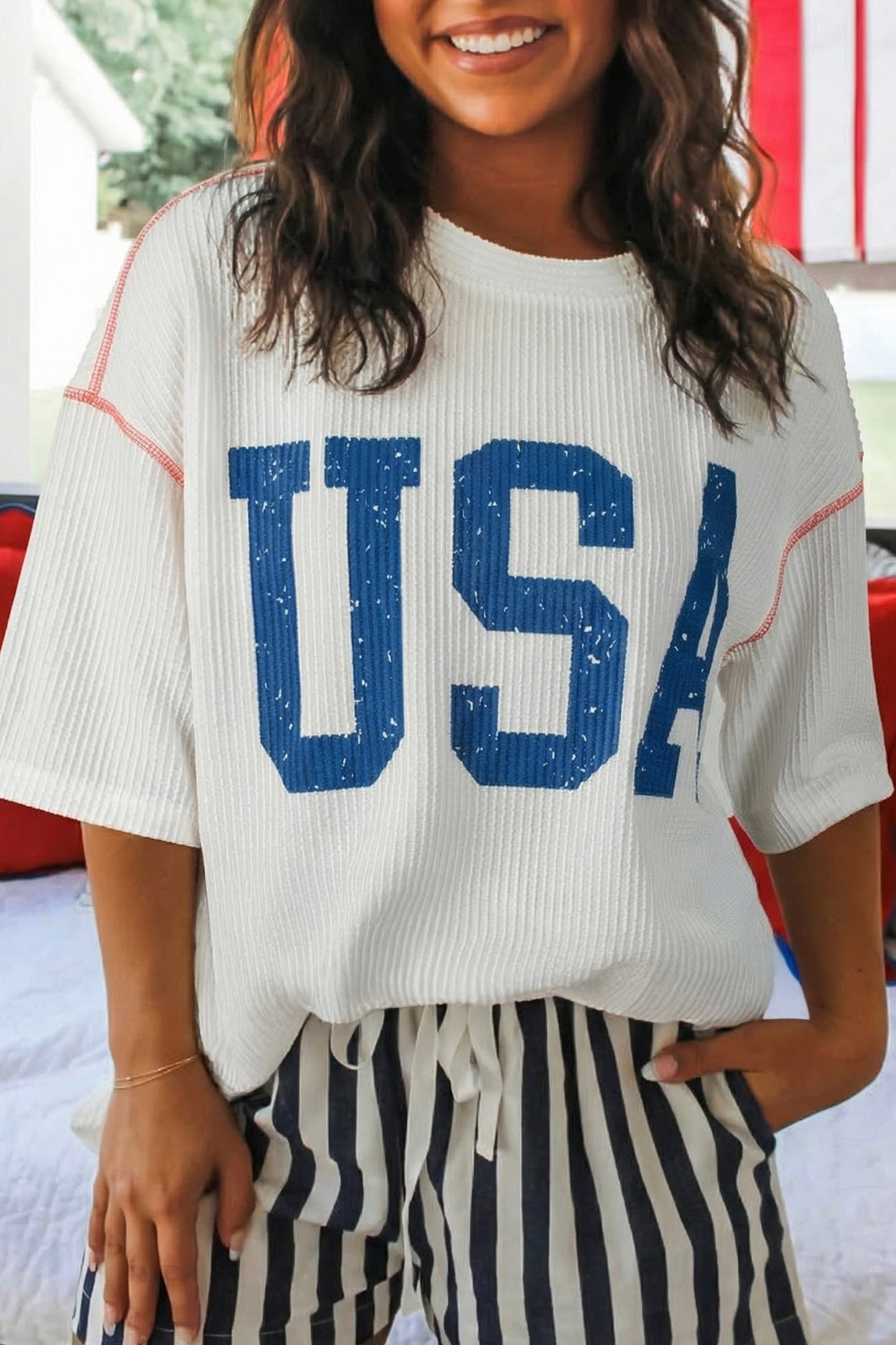 USA Graphic Half Sleeve Loose Ribbed Top -3 COLOR OPTIONS