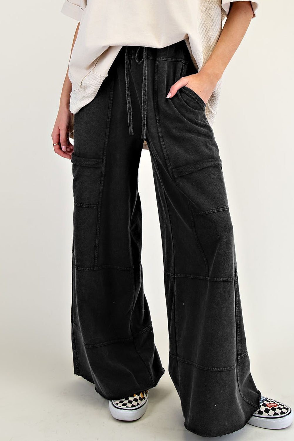 Bonbon Mineral Wash Exposed Seam Wide Leg Cargo Pants -3 COLOR OPTIONS