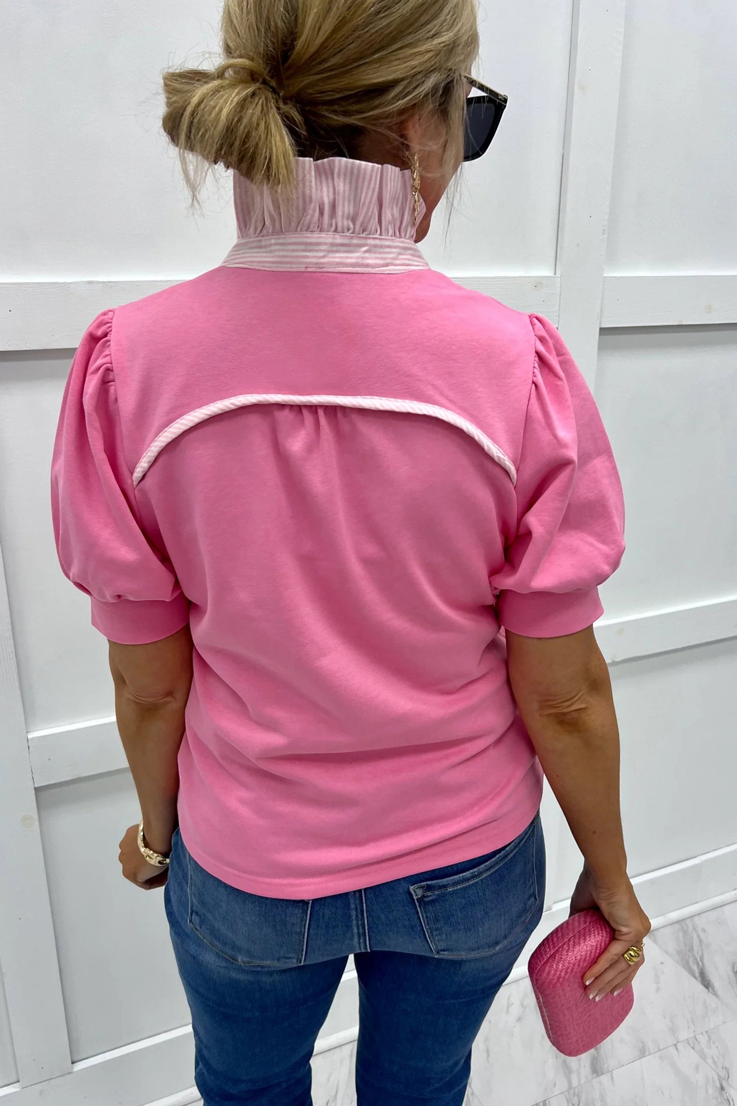 Striped Frilled Collar Short Sleeve Blouse- 5 COLOR OPTIONS