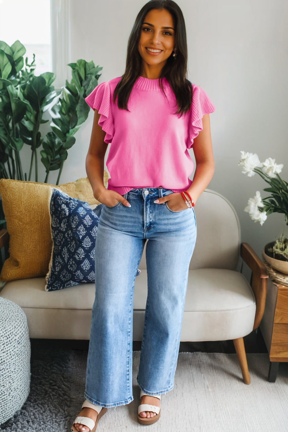 Solid Color Ribbed Trim Round Neck Ruffle Short Sleeve Sweater -3 COLOR OPTIONS