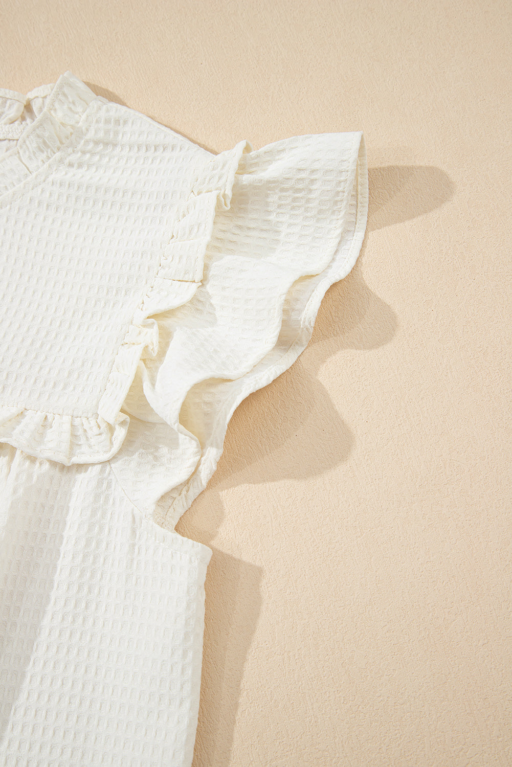 White Solid Color Ruffle Trim Waffle Textured Blouse