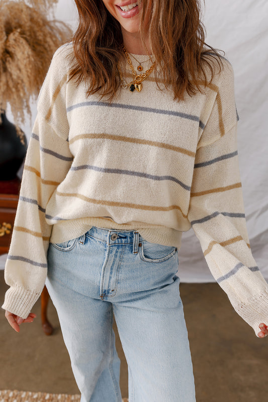 Striped Ribbed Edge Drop Shoulder Sweater -3 COLOR OPTIONS