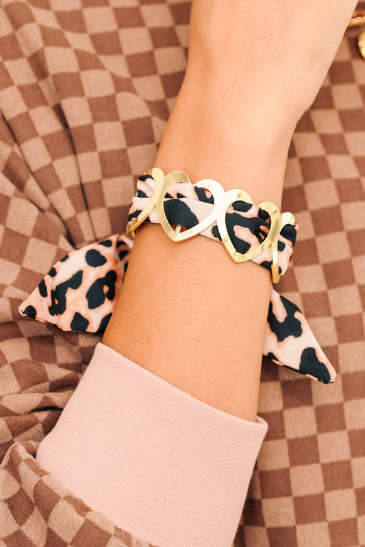 Gold Hollow Out Heart Leopard Print Ribbon Bracelet