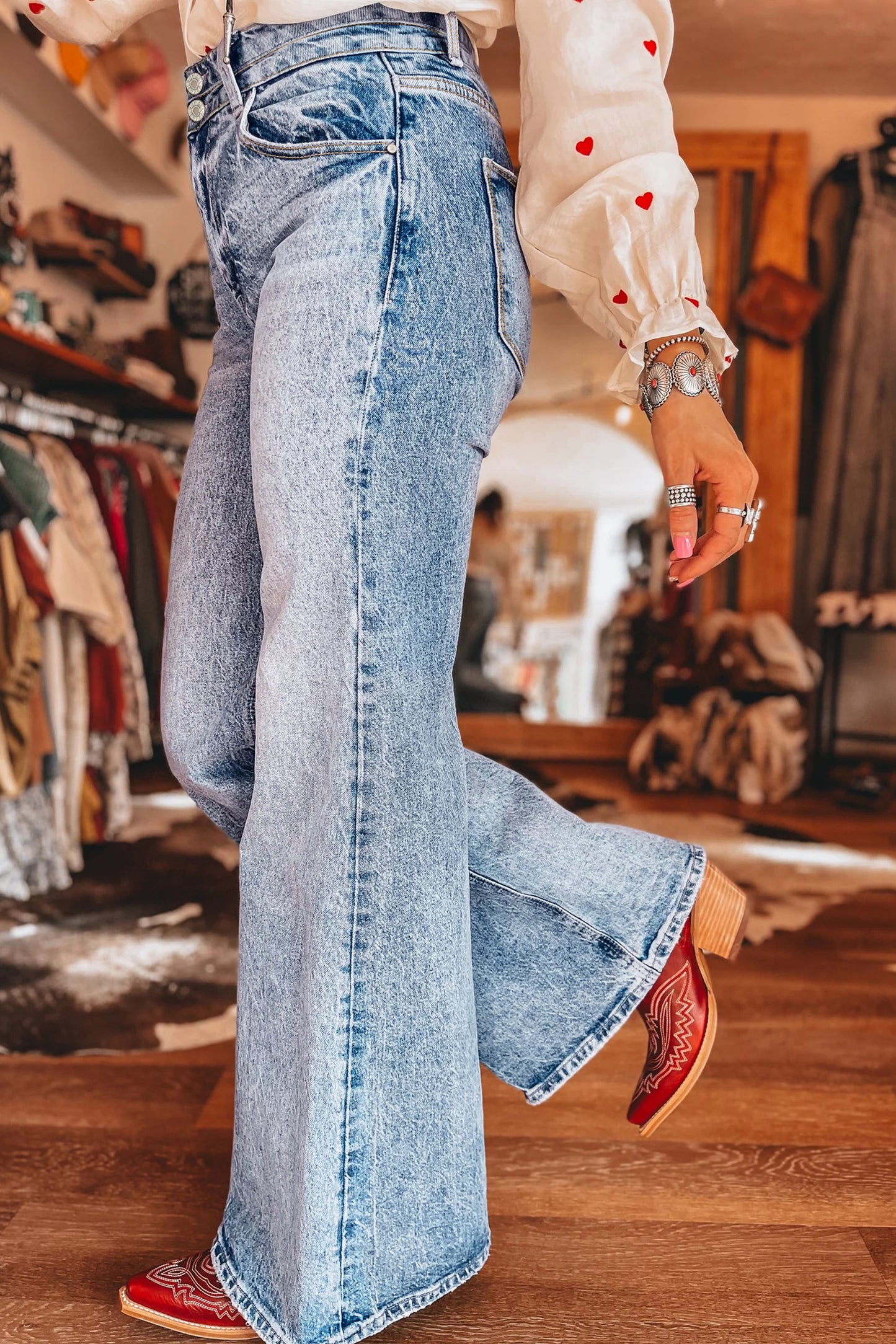 Blue Acid Wash Pocket Detail Flare Jeans -2 COLOR OPTIONS
