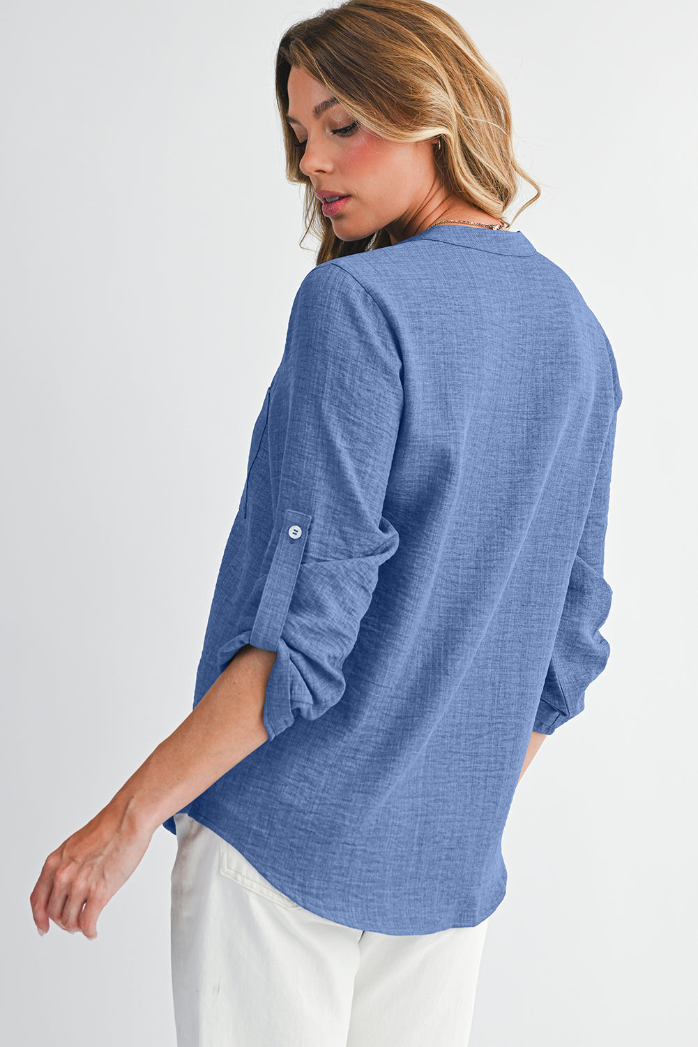 Ashleigh Blue Chest Pocket V Neck Plain Roll-up Sleeve Blouse