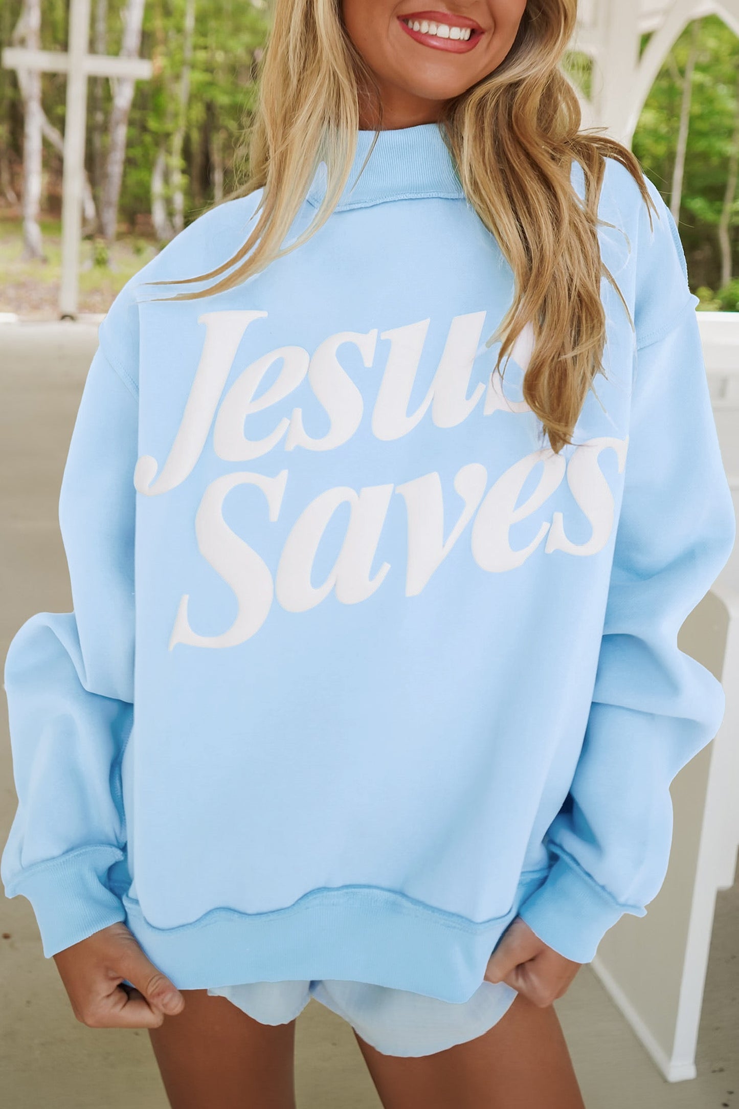 Jesus Saves Slogan Print Stand Neck Baggy Sweatshirt -2 COLOR OPTIONS
