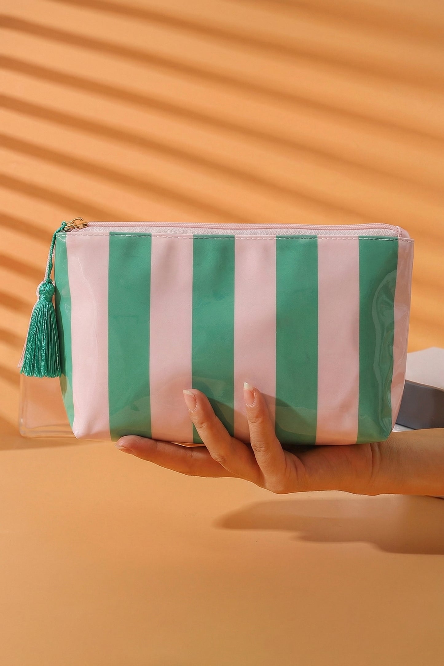 Striped Vinyl Waterproof Tassel Zipper Makeup Bag- 4 COLOR OPTIONS