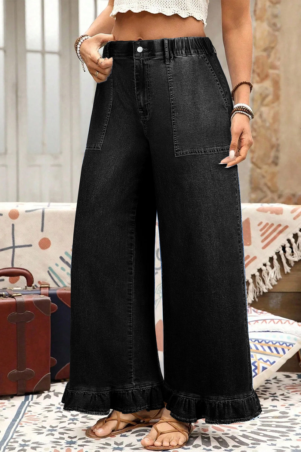 PLUS SIZE -Elastic Waist Ruffled Wide Leg Denim Pants Plus Size -4 COLOR OPTIONS