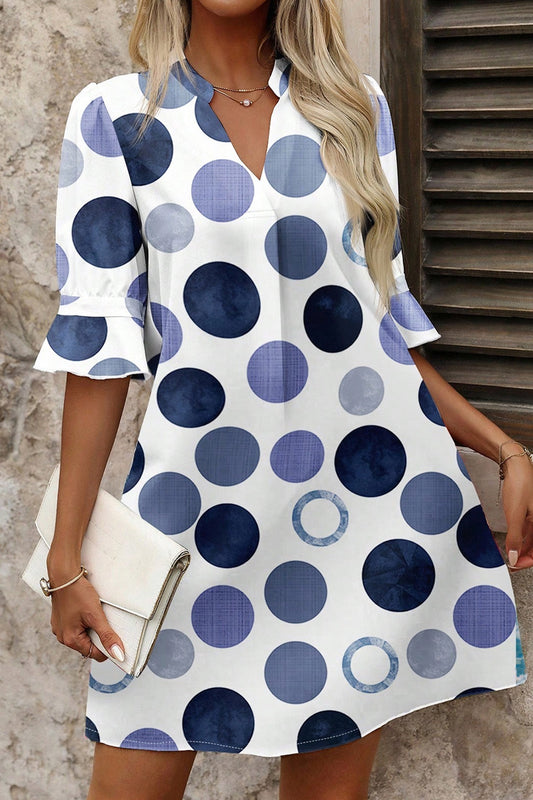 Pinched V Neck Polka Dot Print Casual Vacation Style Mini Dress- 2 COLOR OPTIONS