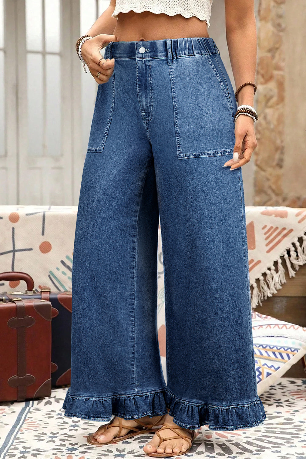 PLUS SIZE -Elastic Waist Ruffled Wide Leg Denim Pants Plus Size -4 COLOR OPTIONS