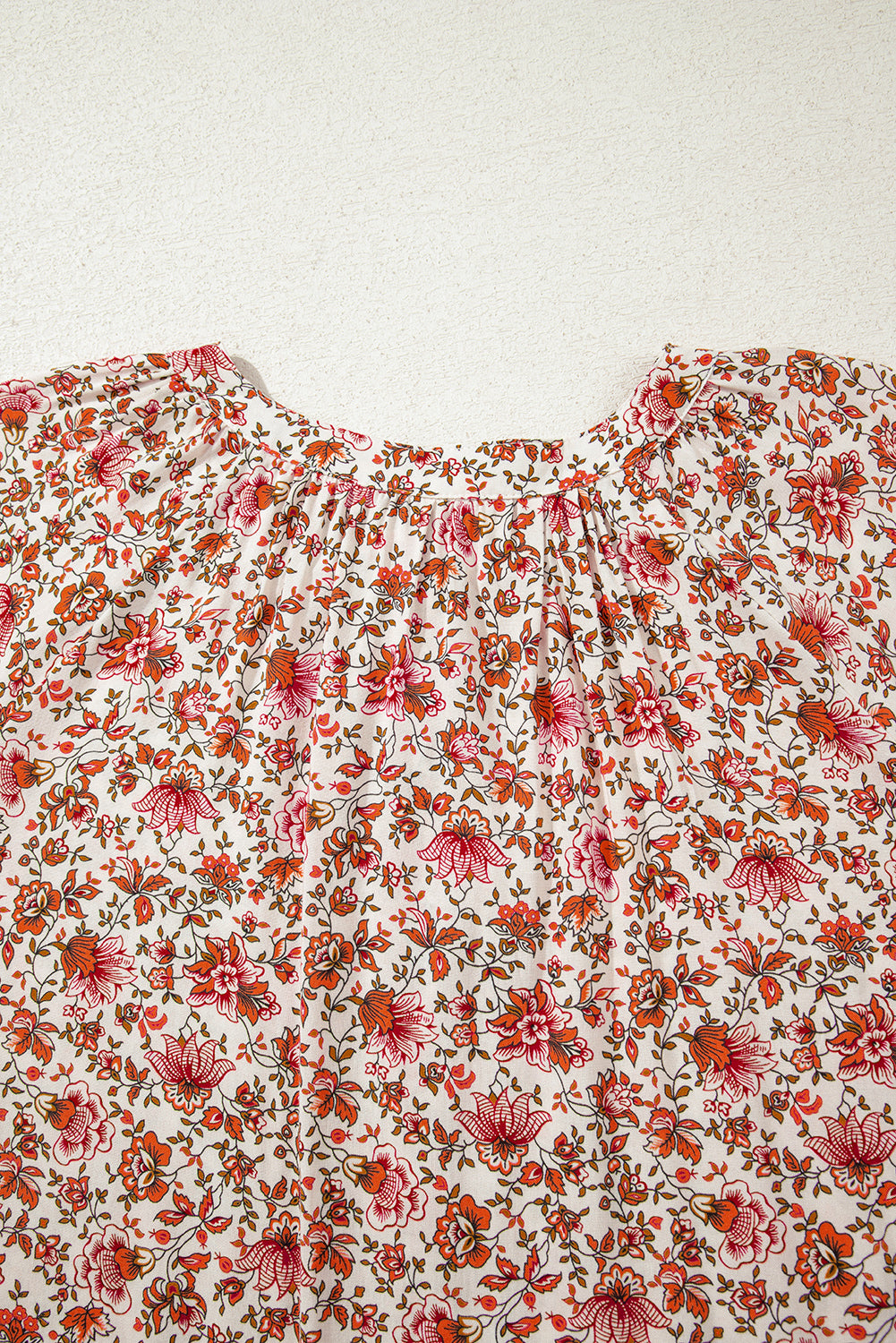 Red Floral Print Pleated Detail Notched Neck Puff Sleeve Blouse