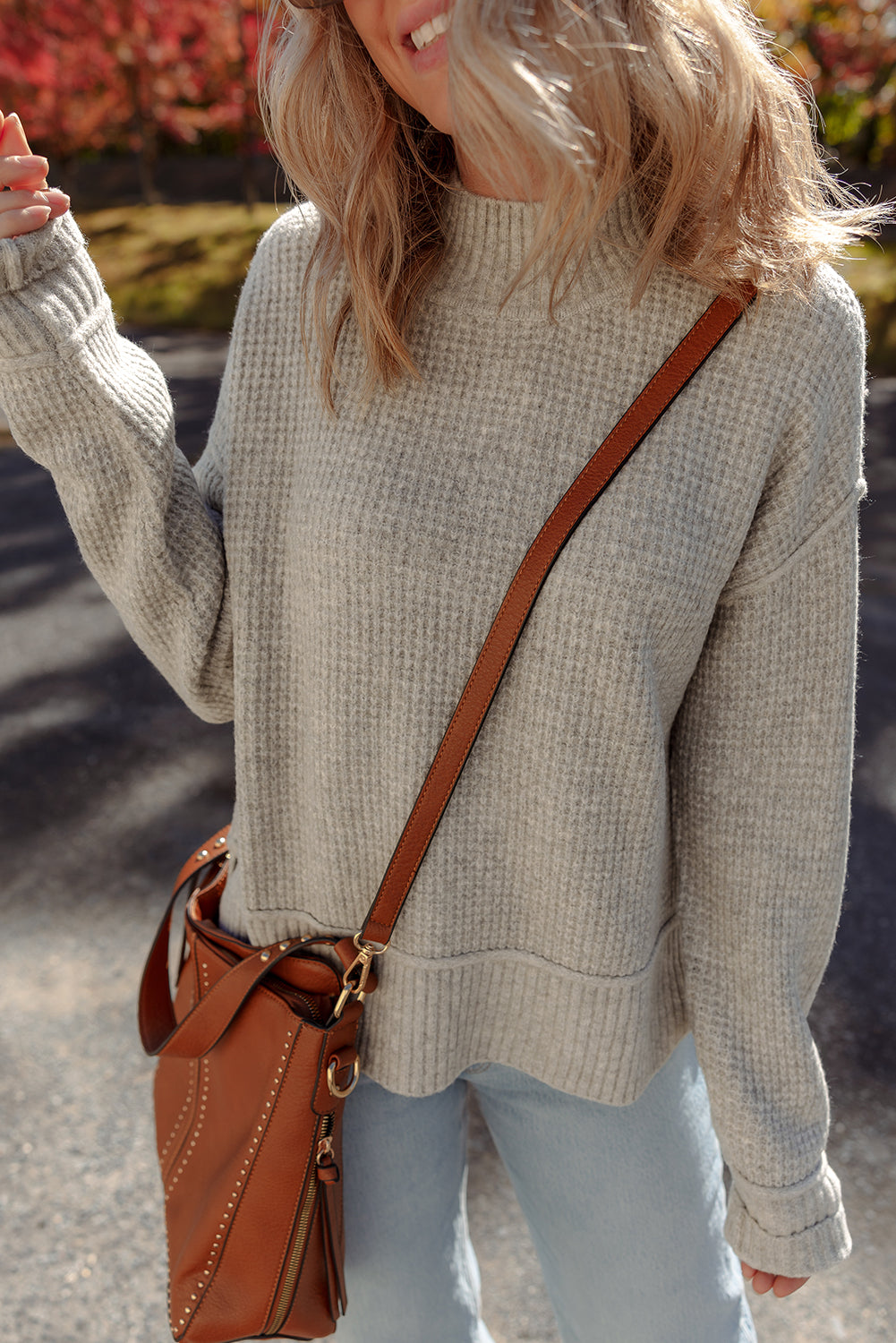 WAREHOUSE SALE -Gray Morn Waffle Knit Ribbed High Neck Drop Shoulder Sweater