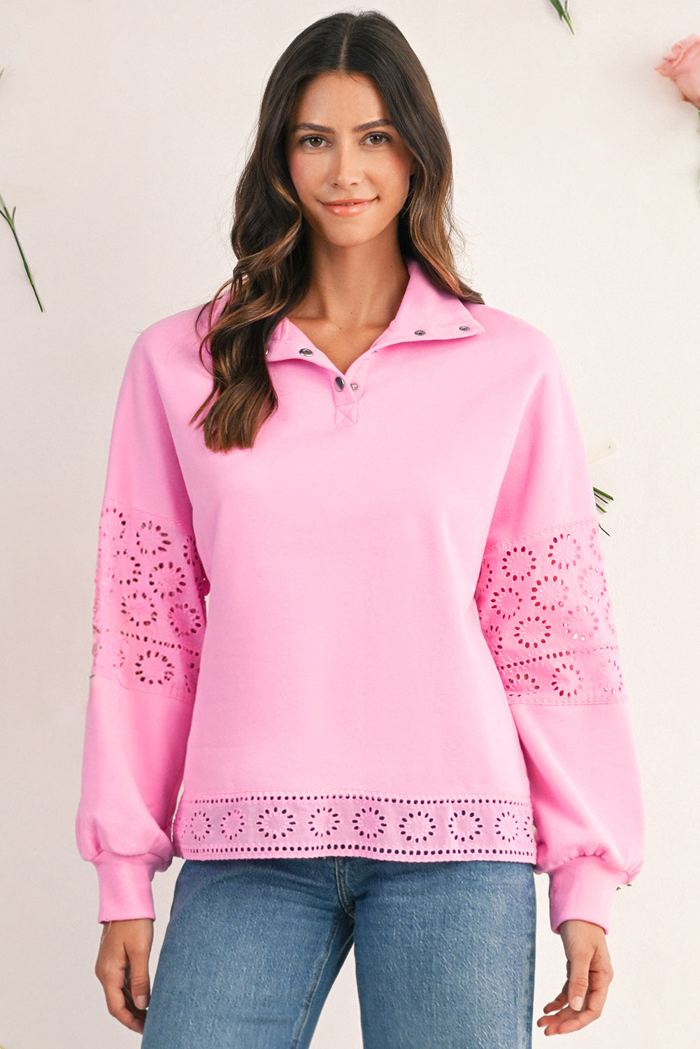 Embroidered Flower Patchwork Snap Buttons Pullover Sweatshirt -2 COLOR OPTIONS