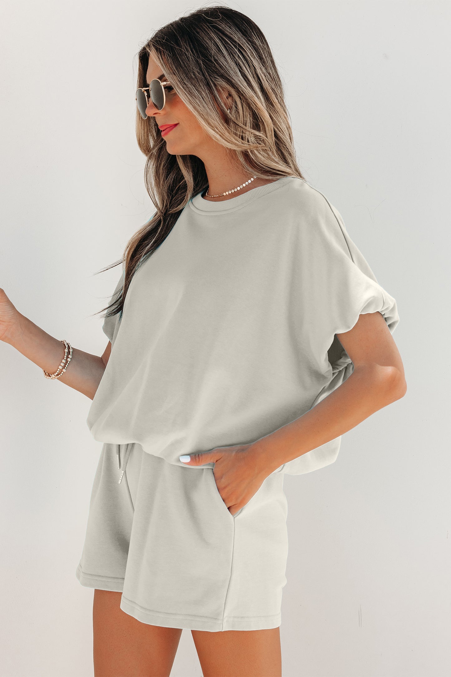 Puffy Loose Top Drawstring Shorts 2pcs Outfit- 3 COLOR OPTIONS