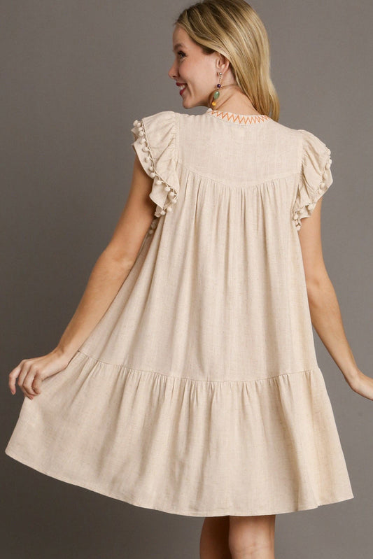 Jet Stream Linen Embroidery Split Neck Pom Pom Ruffle Sleeve Short Dress