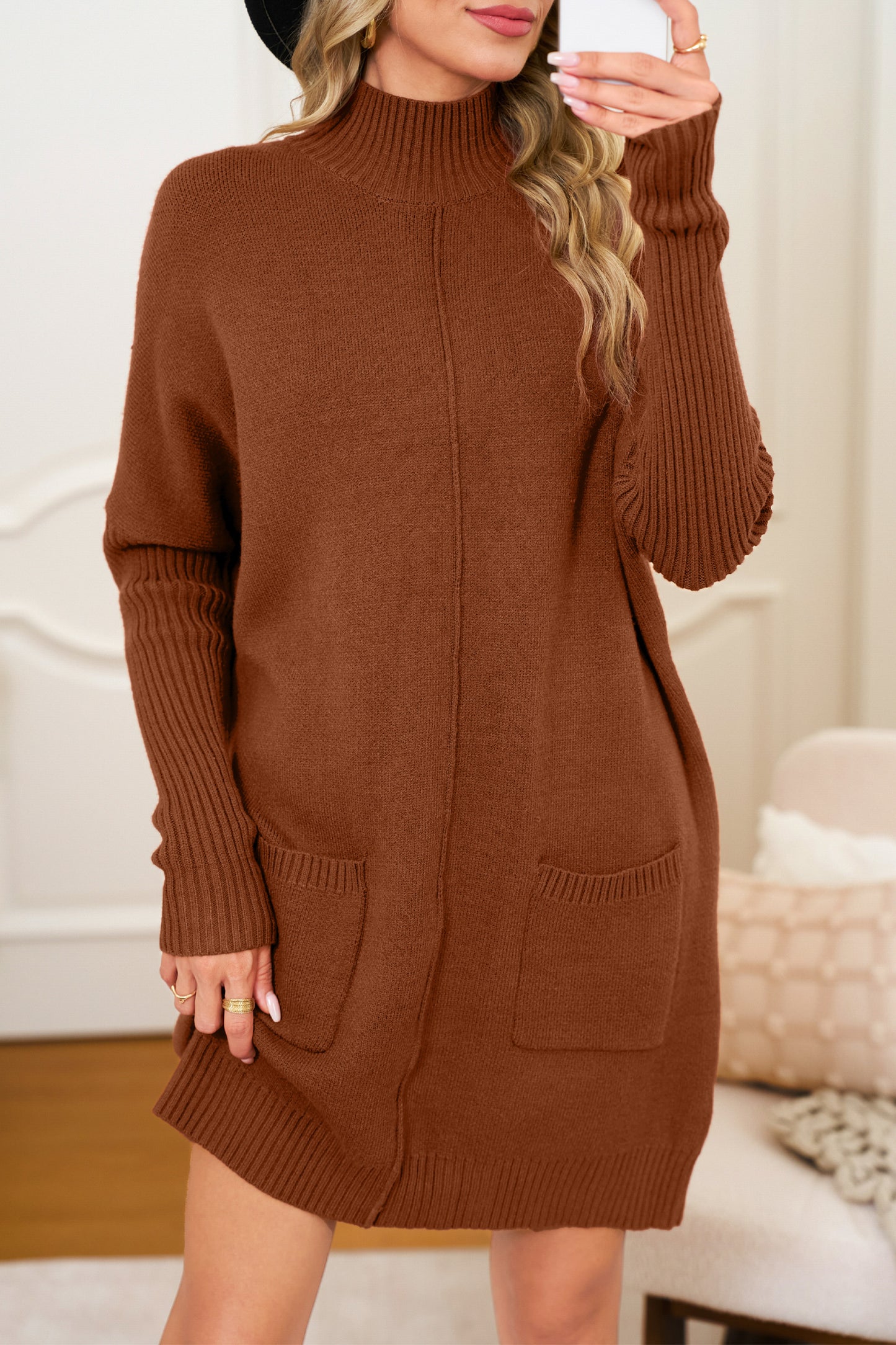 Ribbed High Neck Front Pockets Center Seam Sweater Dress -2 COLOR OPTIONS