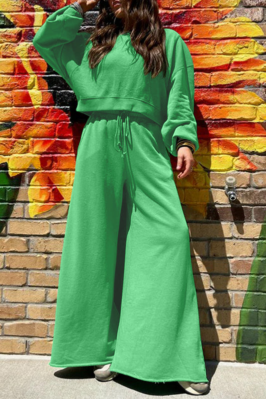 Drop Shoulder Crop Pullover Drawstring Wide Leg Pants Set -3 COLOR OPTIONS