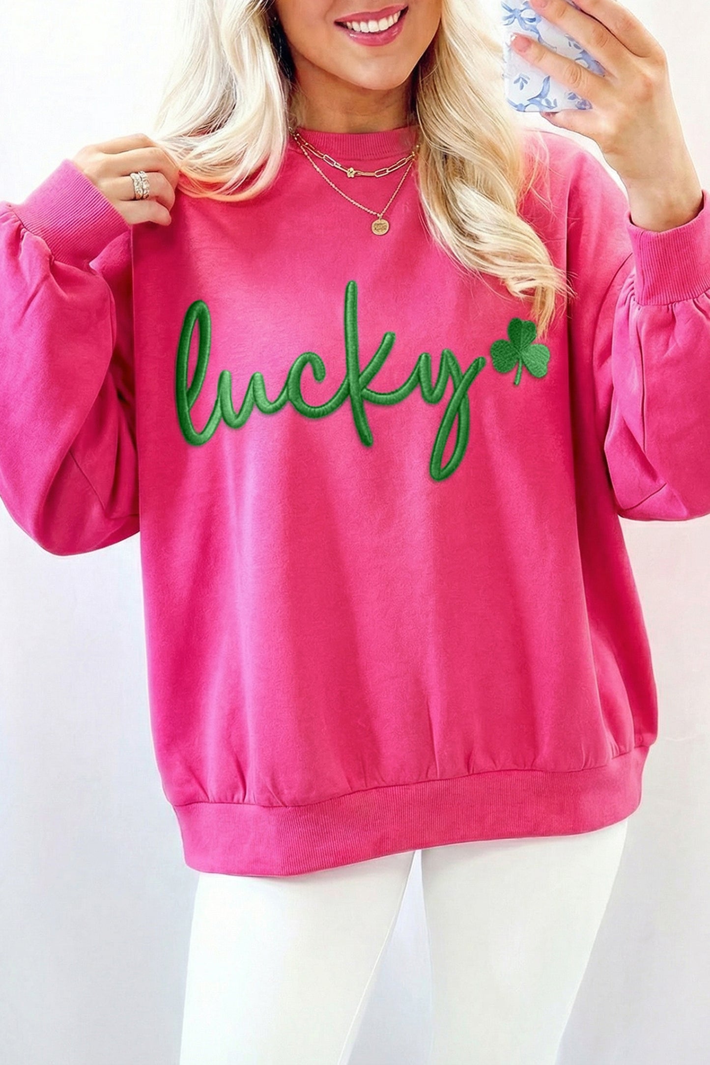 Pink Lucky Clover Embroidered Loose Pullover Sweatshirt