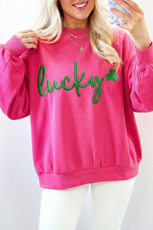 Pink Lucky Clover Embroidered Loose Pullover Sweatshirt