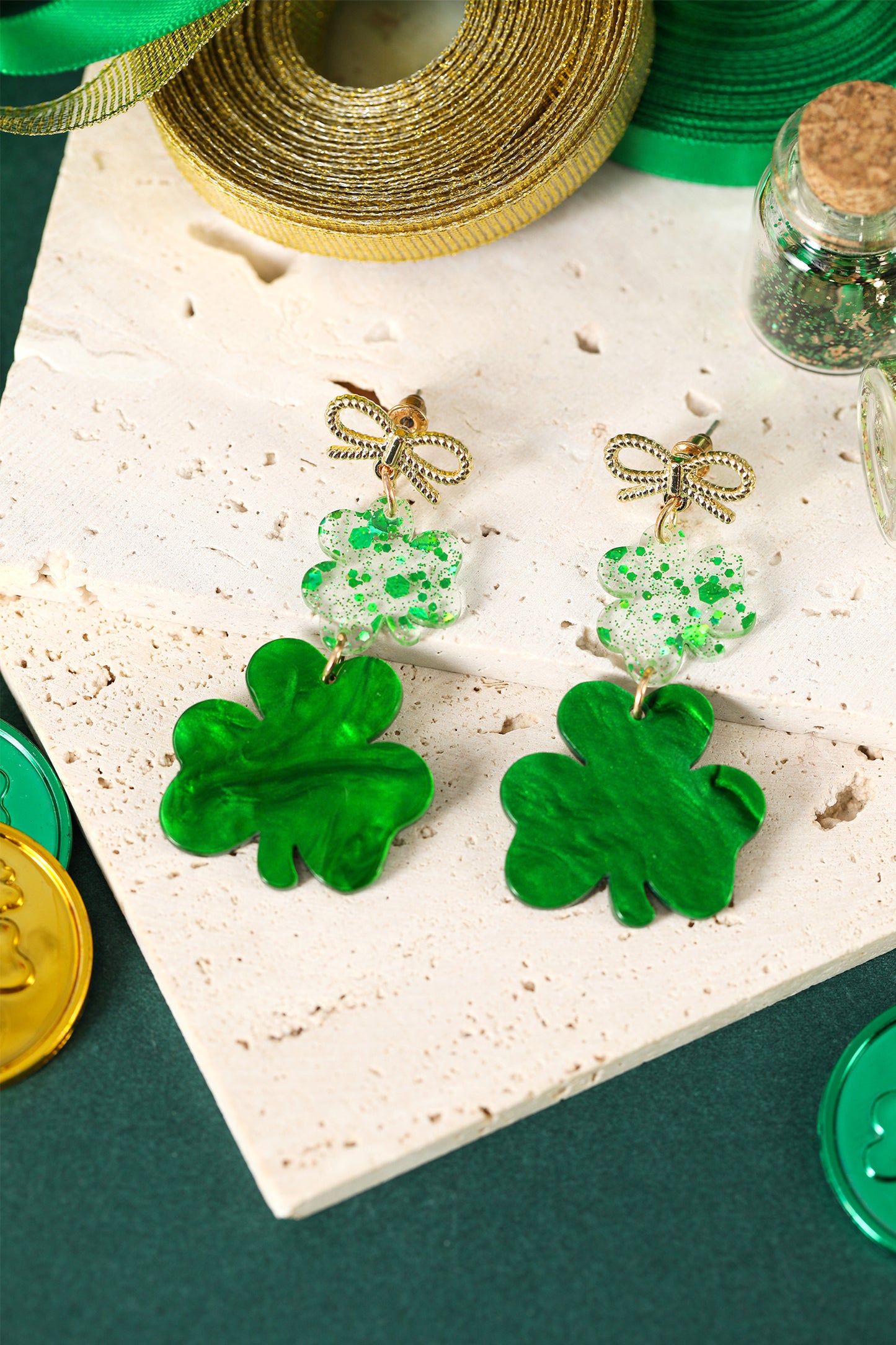 Green Double Clover Dangle Pendant Bow Stud Earrings