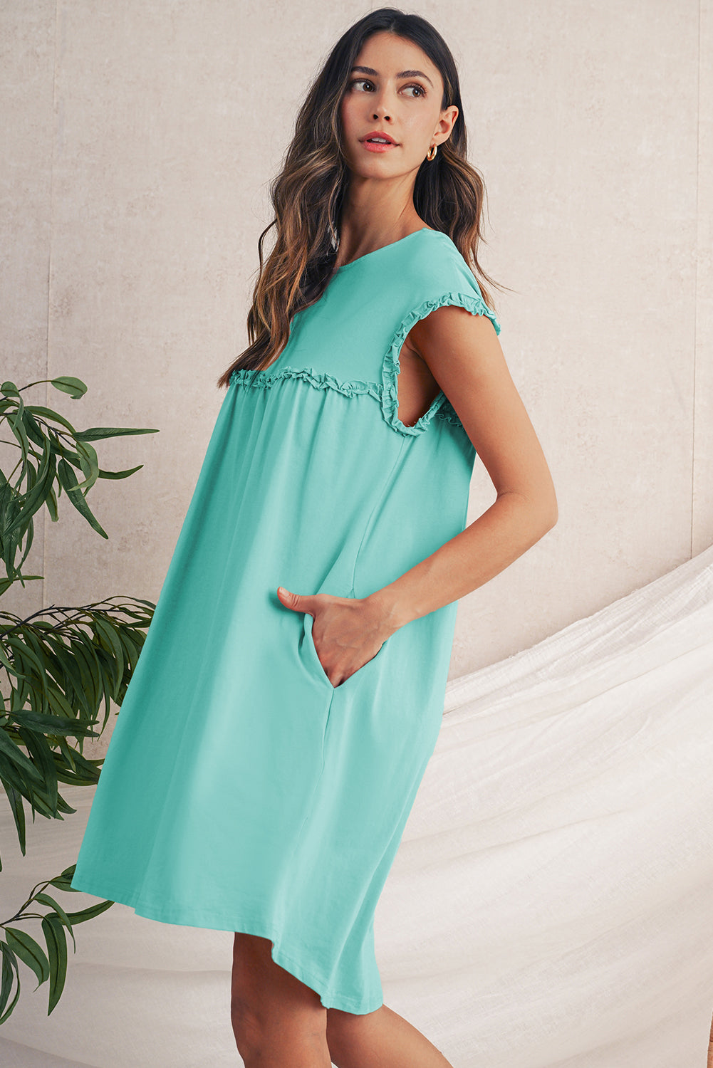 Frilled Trim Crewneck Loose Fit Mini Dress -2 COLOR OPTIONS