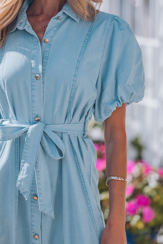 Sail Blue Full Buttons Collared Short Bubble Sleeve Long Denim Dress -2 COLOR OPTIONS