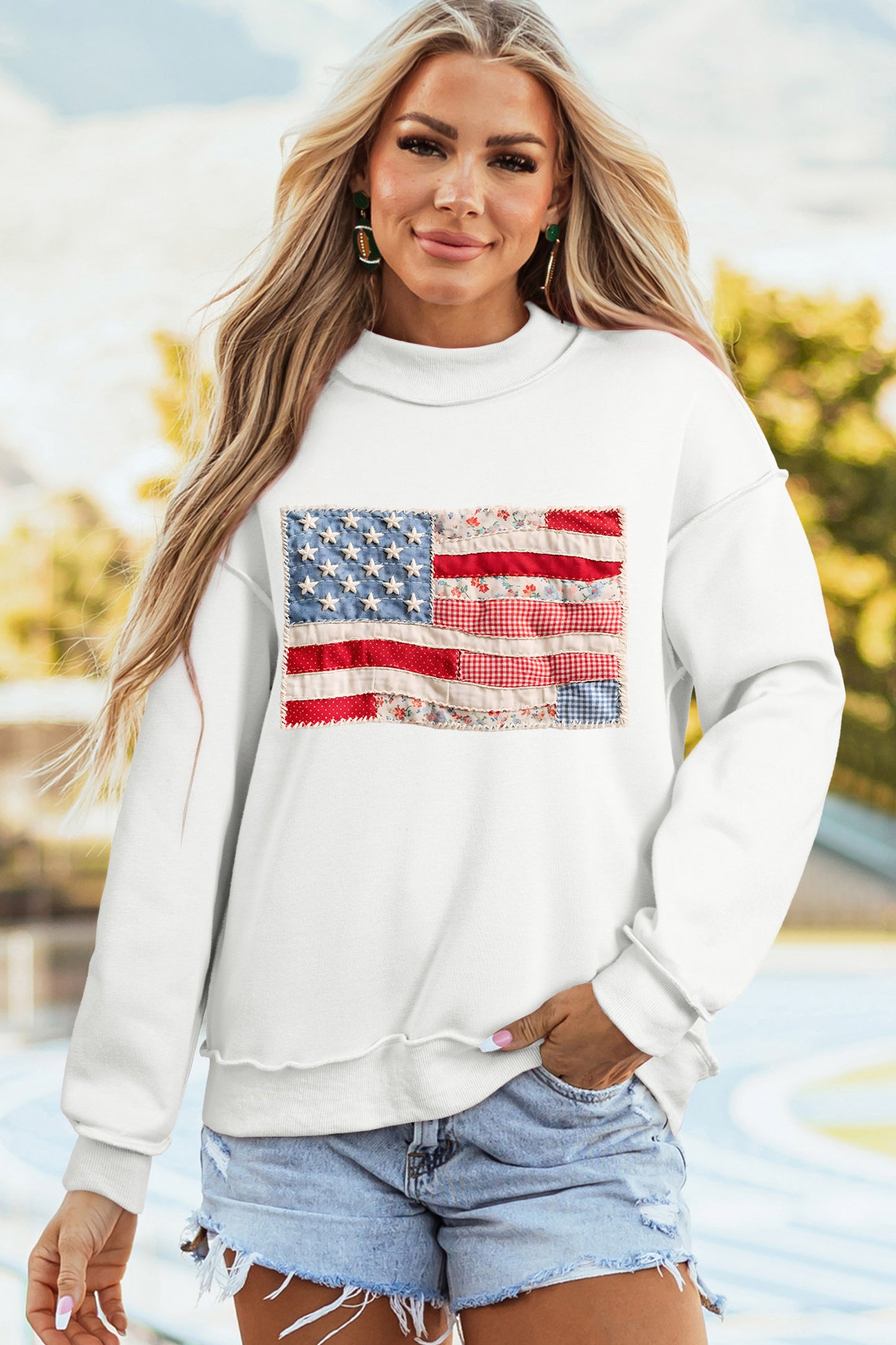 Patchwork Print USA Flag Double Side Printed Reversible Sweatshirt