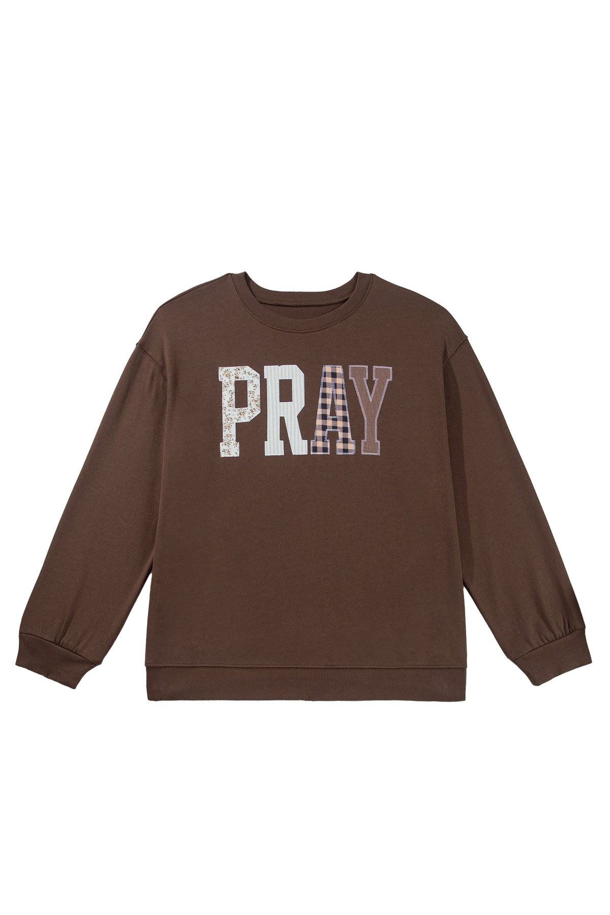 PLUS SIZE -Coffee PRAY Letter Patchwork Round Neck Long Sleeve Plus Size Sweatshirt