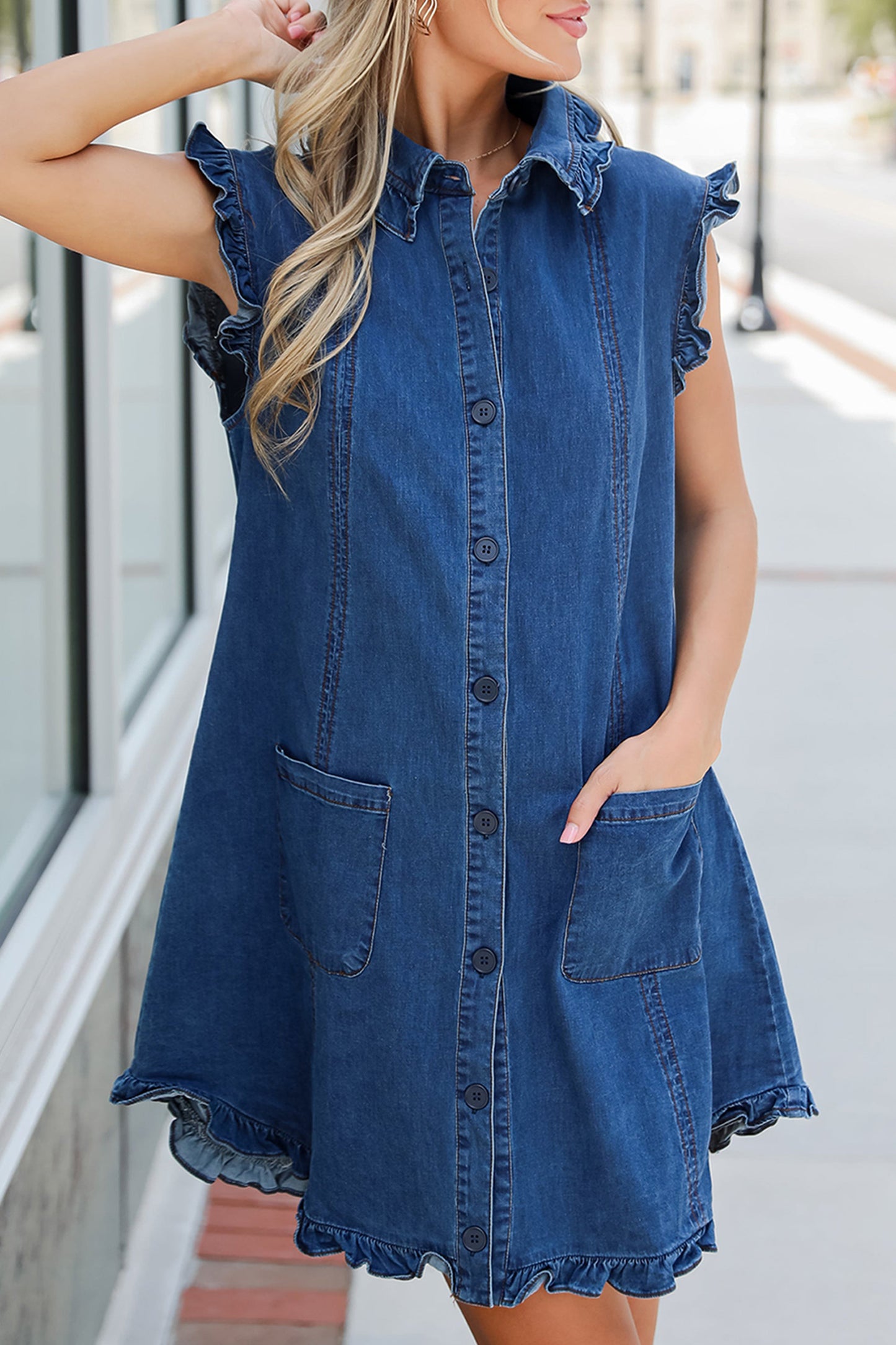 Ruffled Edge Collared Shift Denim Dress with Pockets- 3 COLOR OPTIONS