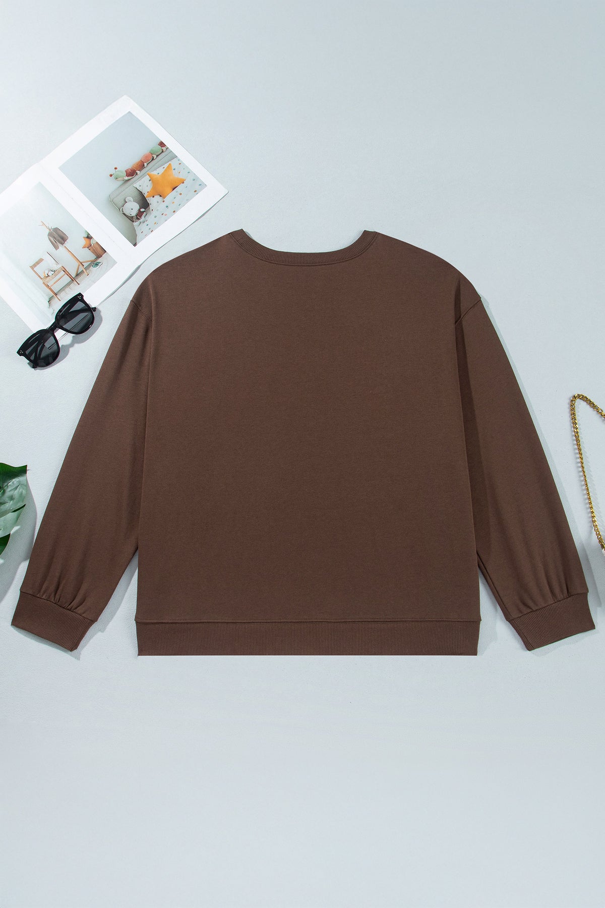 PLUS SIZE -Coffee PRAY Letter Patchwork Round Neck Long Sleeve Plus Size Sweatshirt