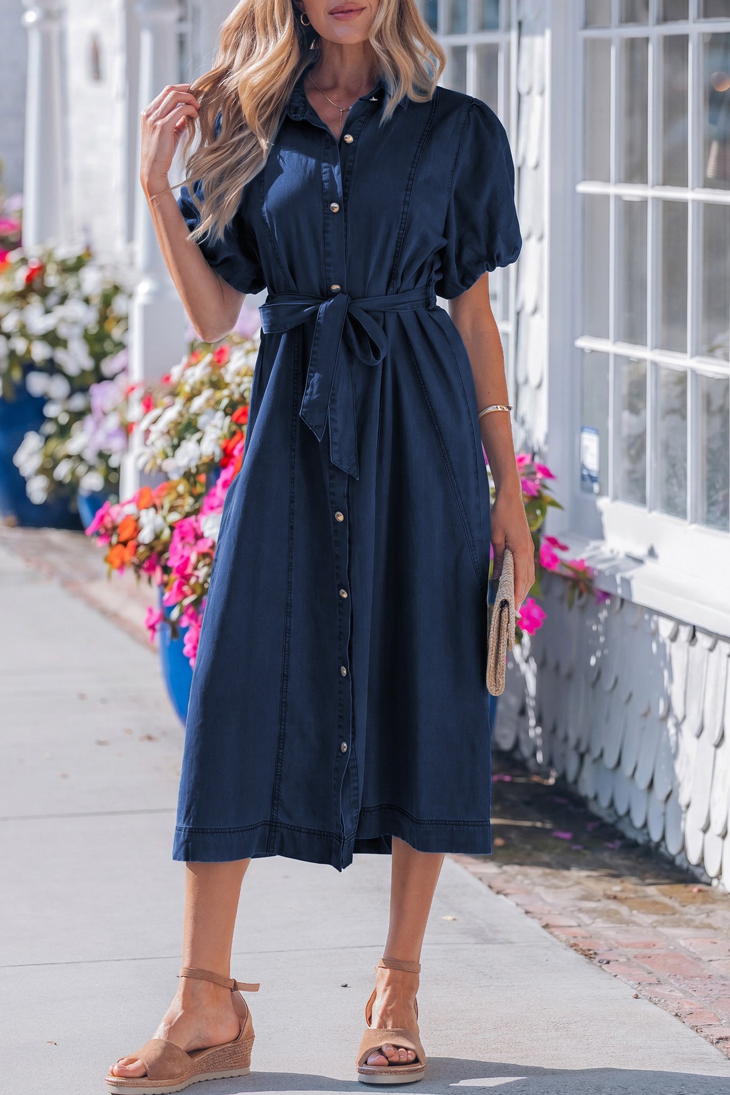 Sail Blue Full Buttons Collared Short Bubble Sleeve Long Denim Dress -2 COLOR OPTIONS