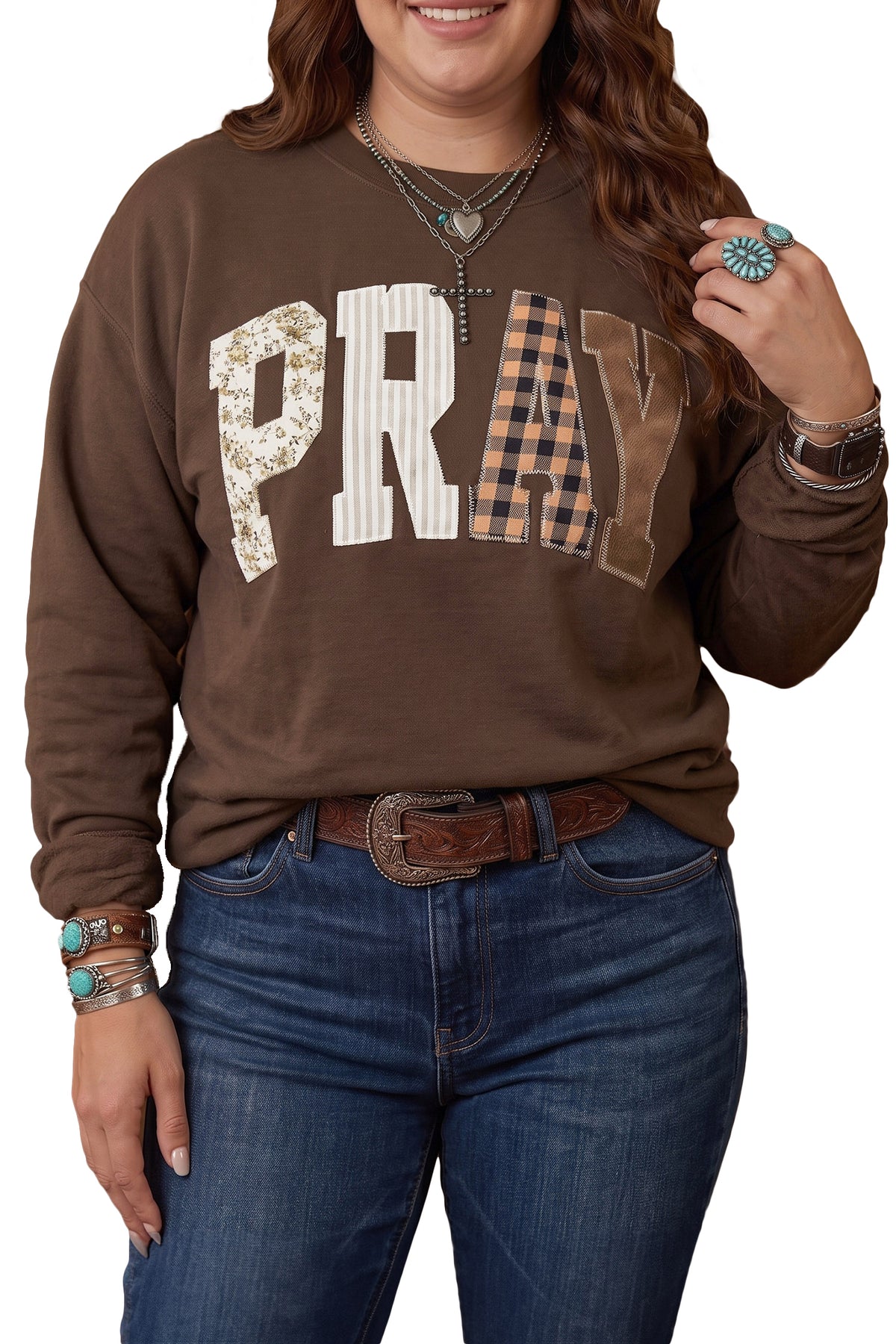 PLUS SIZE -Coffee PRAY Letter Patchwork Round Neck Long Sleeve Plus Size Sweatshirt