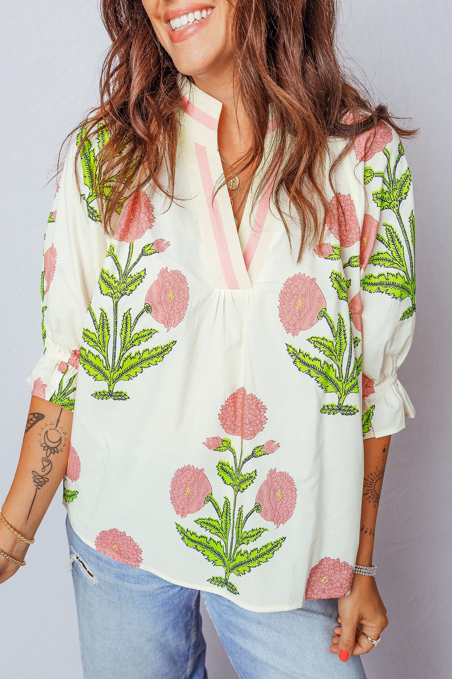 Casual Wild Flower Print V Neck 3/4 Sleeve Blouse - 3 COLOR OPTIONS