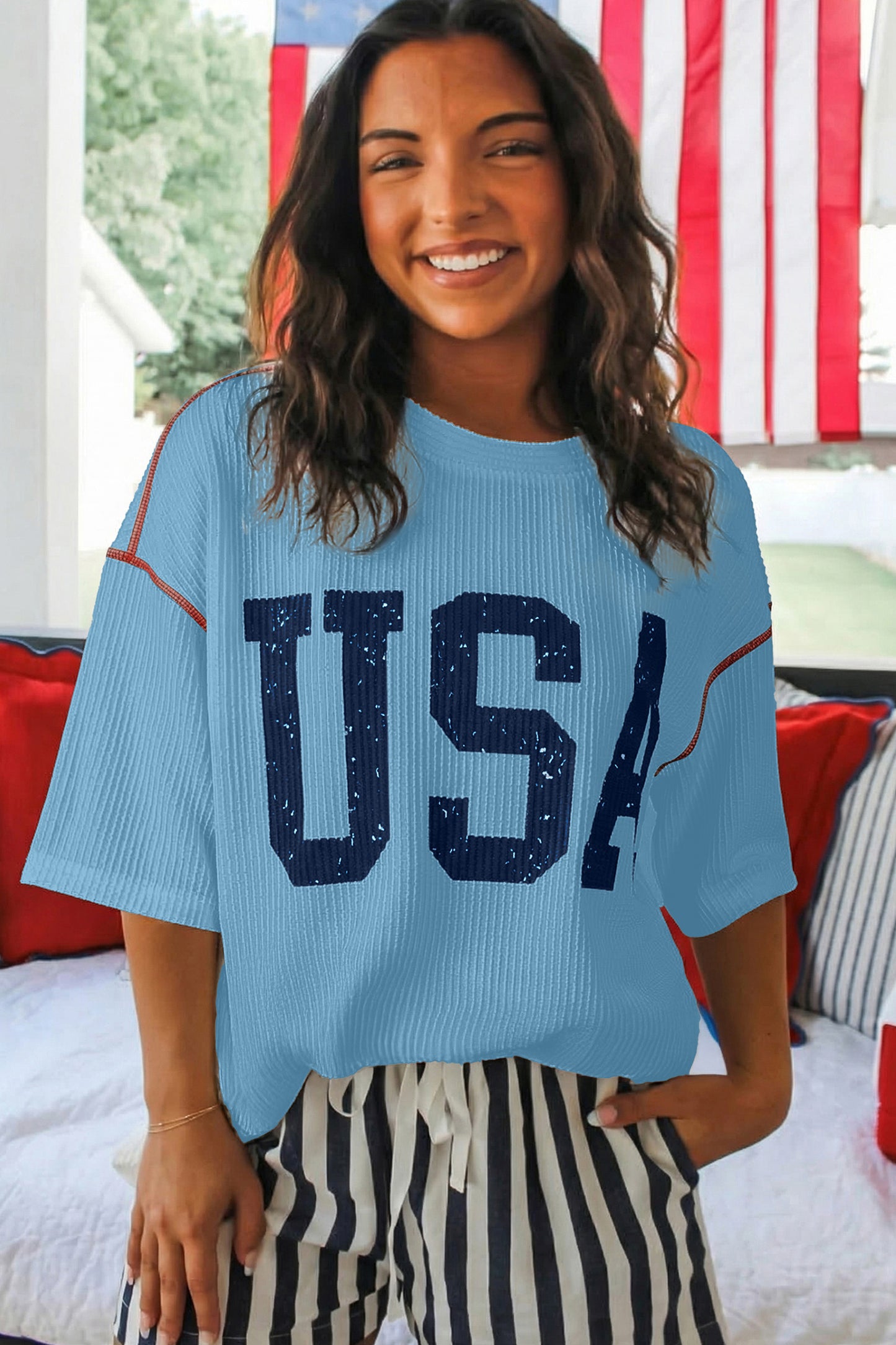 USA Graphic Half Sleeve Loose Ribbed Top -3 COLOR OPTIONS