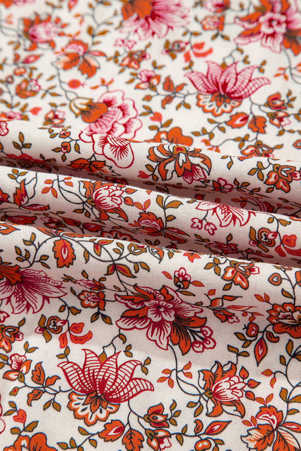 Red Floral Print Pleated Detail Notched Neck Puff Sleeve Blouse