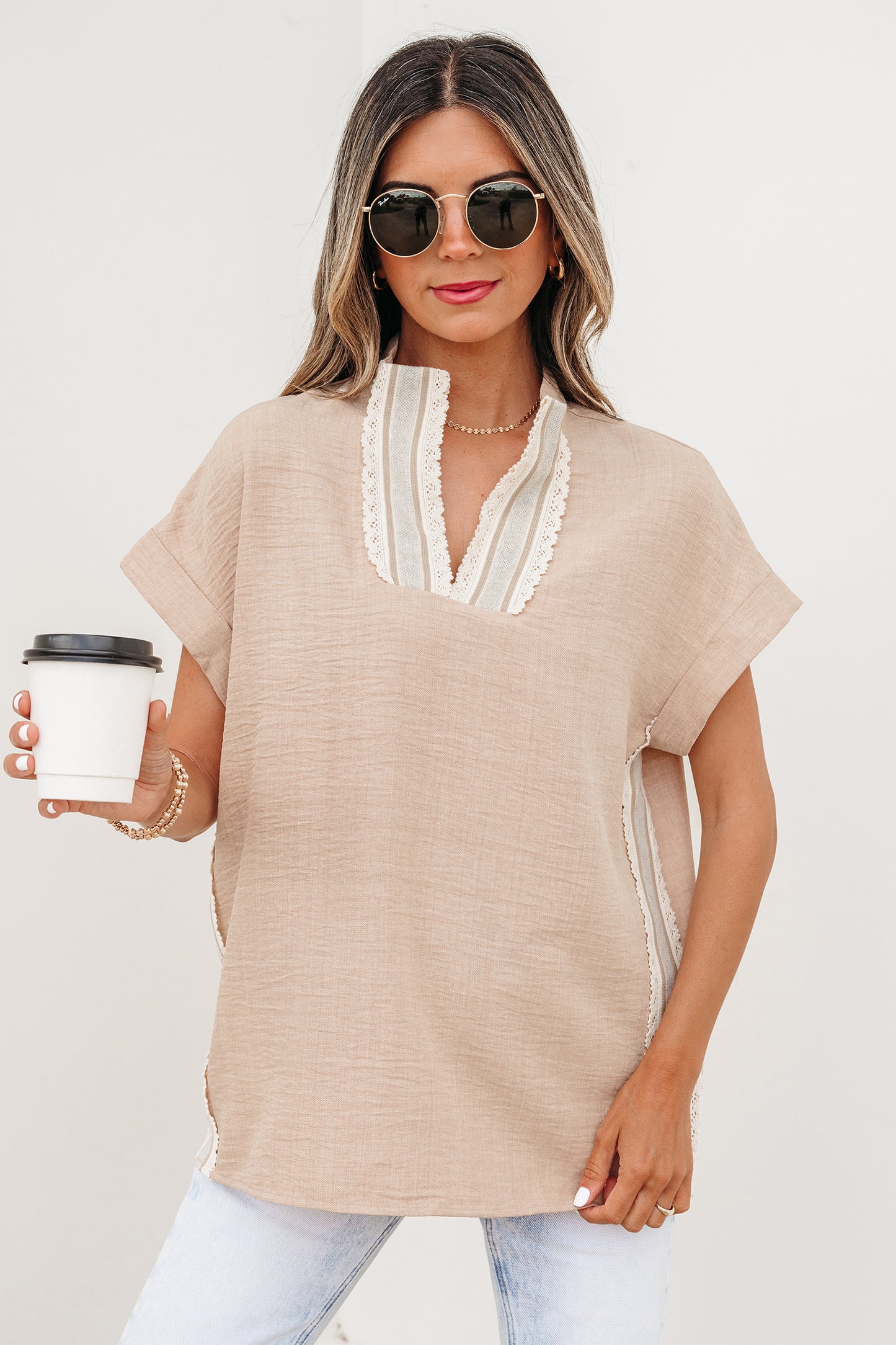Crochet Lace Accent Pullover Rolled Short Sleeve Blouse -2 COLOR OPTIONS