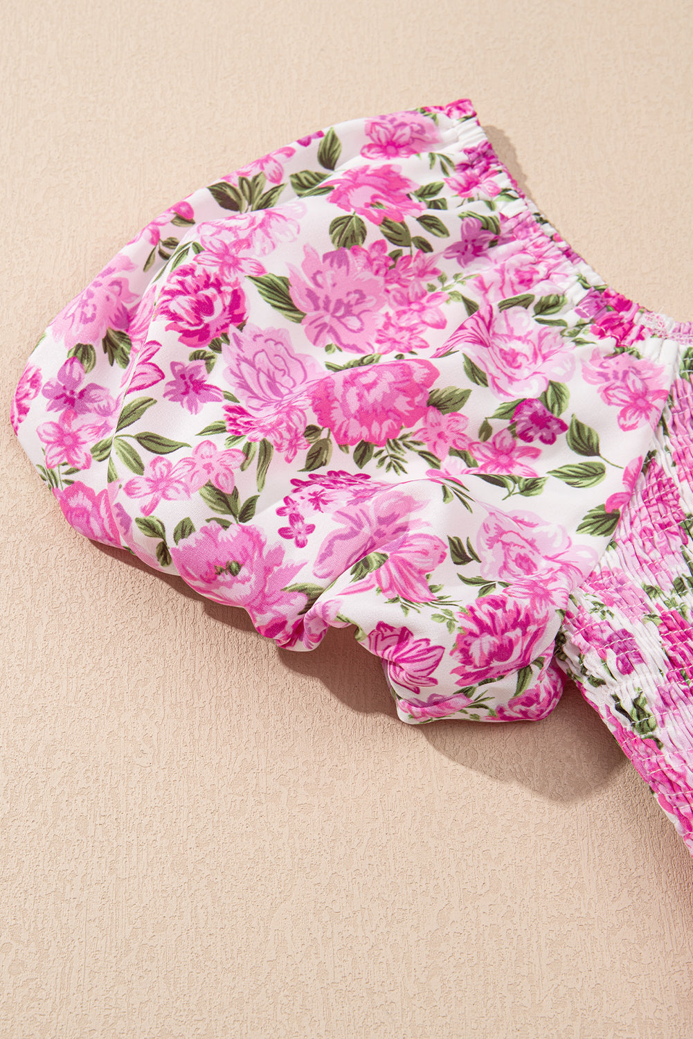 Pink Floral Smocked Puff Sleeve Flowy Midi Dress