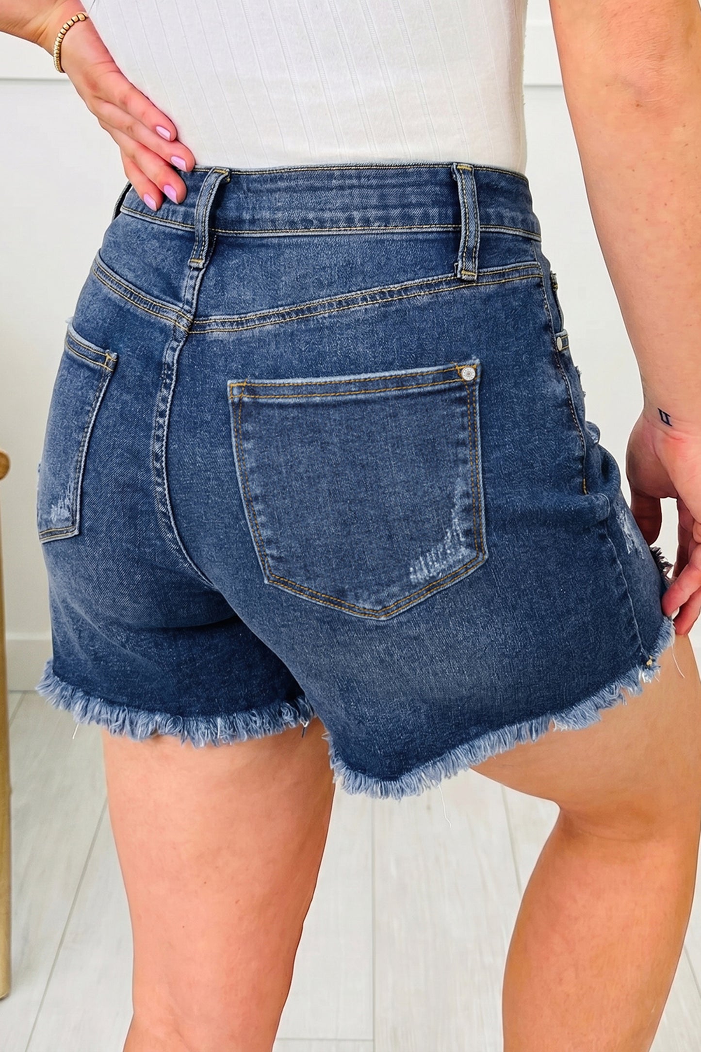 Asymmetric Raw Hem Distressed Whiskery Denim Shorts -2 COLOR OPTIONS