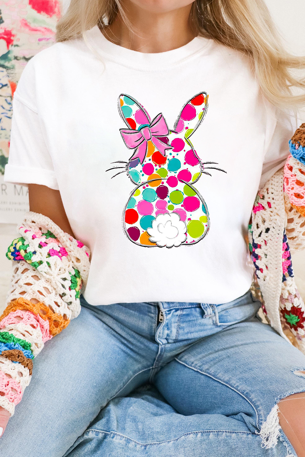 White Polka Dot Bow Rabbit Heat Transfer Printing Graphic Crewneck Easter Tee