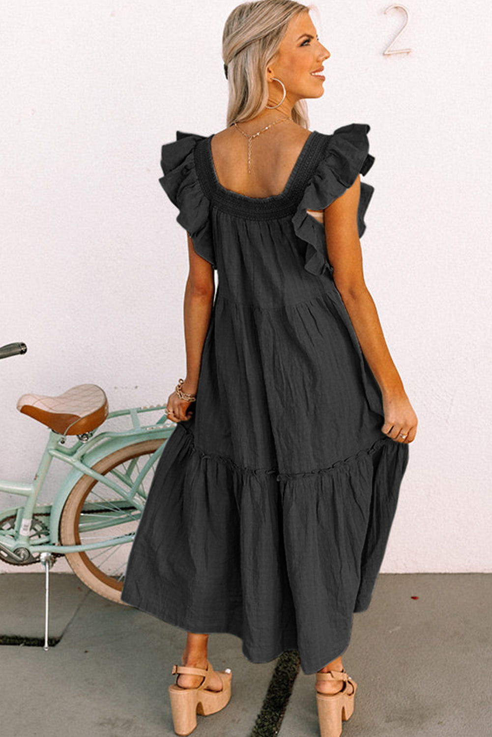 Ruffled Flutter Sleeve Square Neck Textured Tiered Maxi Dress -3 COLOR OPTIONS