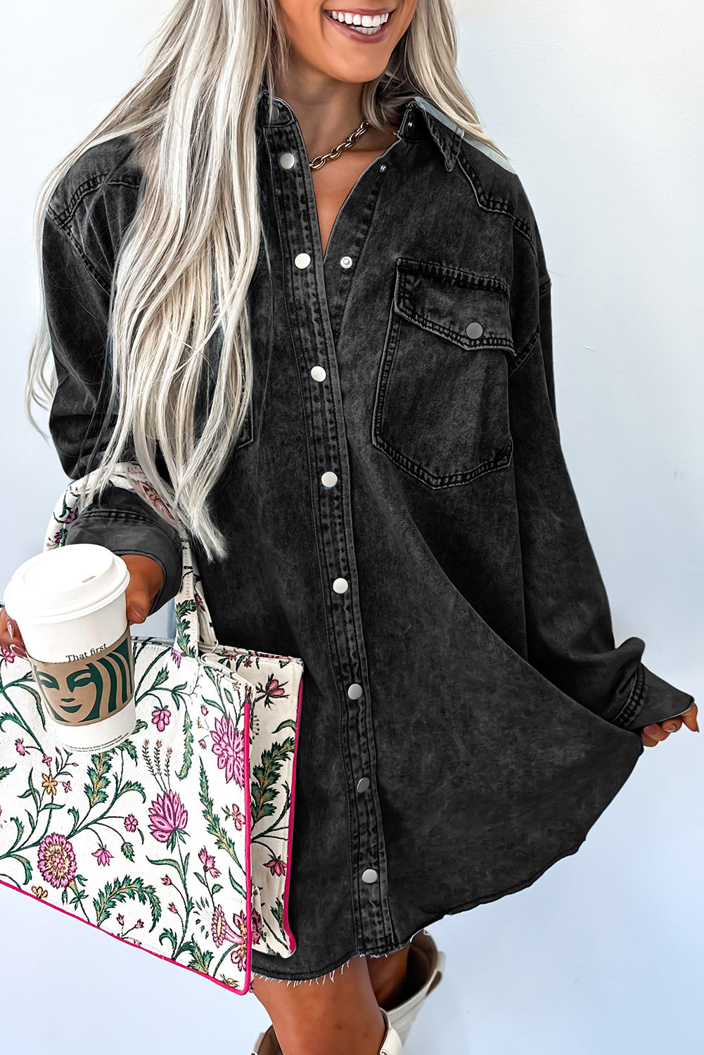 Chest Pocket Raw Hem Denim Loose Shirt Dress -2 COLOR OPTIONS